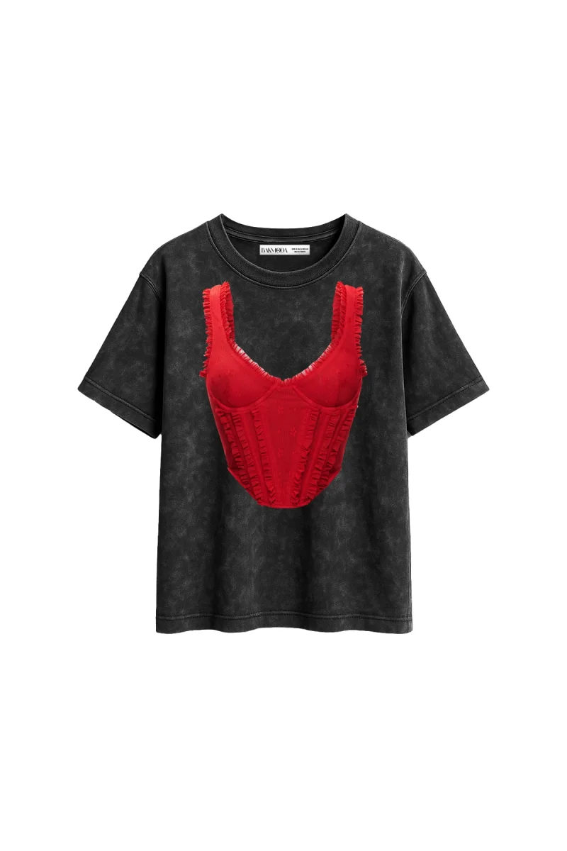 Pleated Red Corset Baskılı Relaxed Fit Yıkamalı Siyah Kadın Tshirt