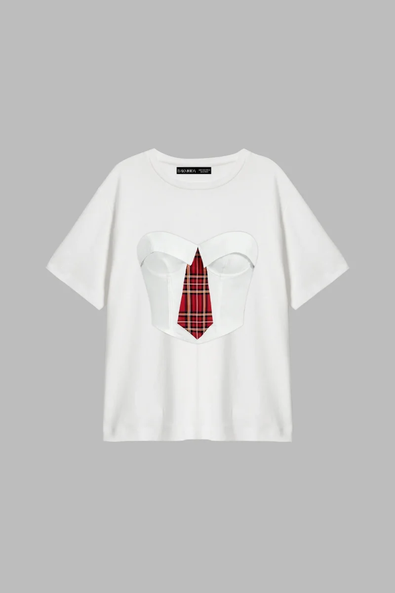 Plaid Tie Baskılı Relaxed Fit Beyaz Kadın Tshirt