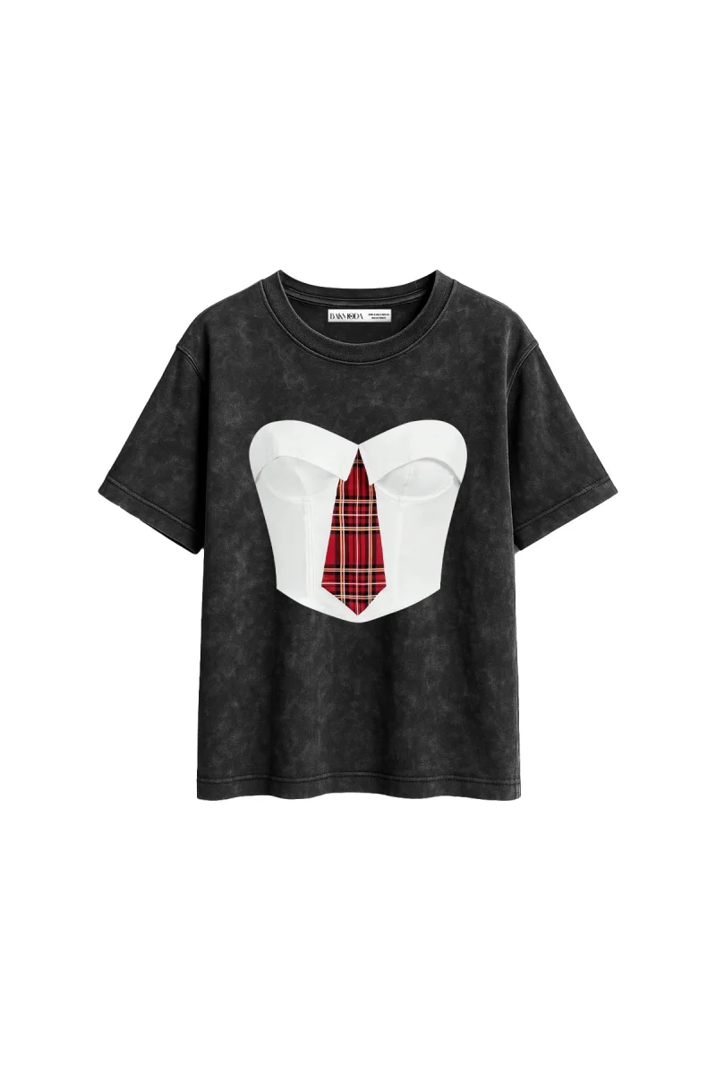 Plaid Tie Baskılı Relaxed Fit Yıkamalı Siyah Kadın Tshirt