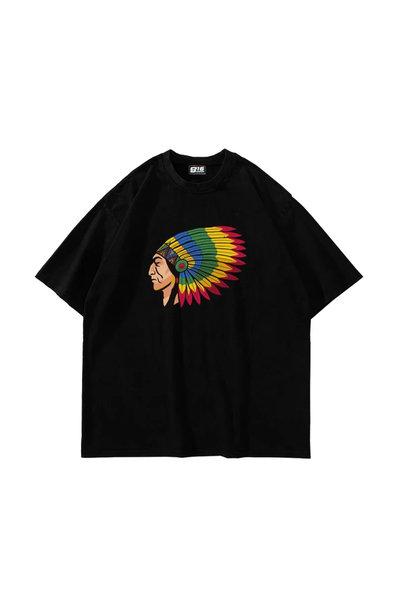 American Indian Baskılı Oversize Unisex Siyah Tshirt