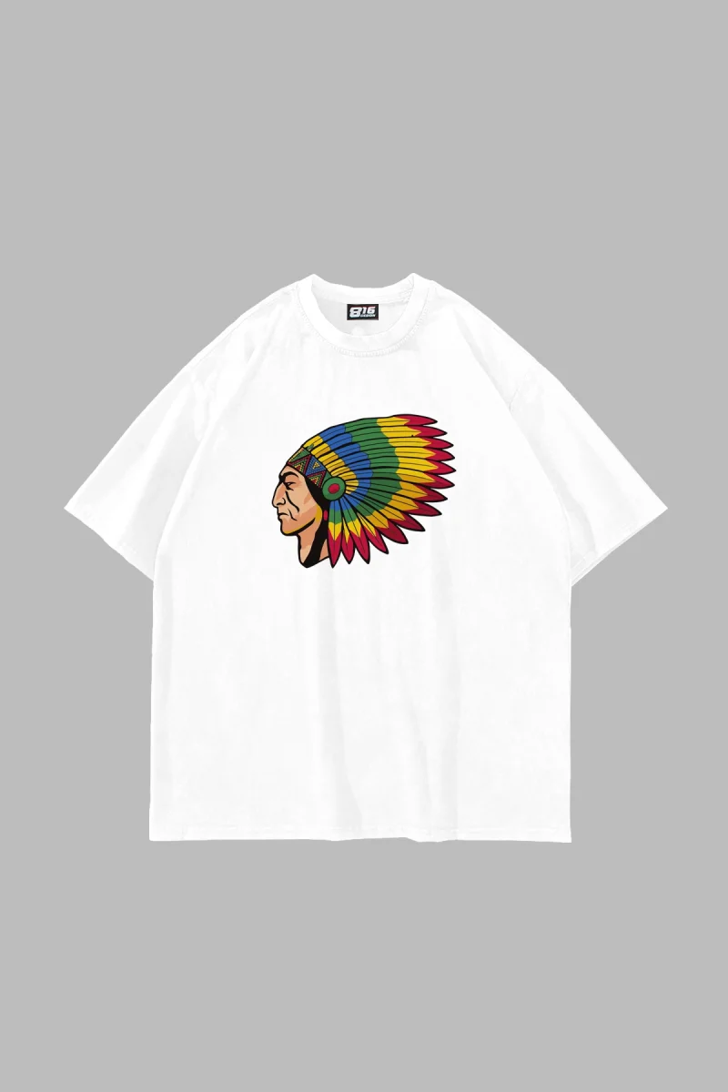 American Indian Baskılı Oversize Unisex Beyaz Tshirt