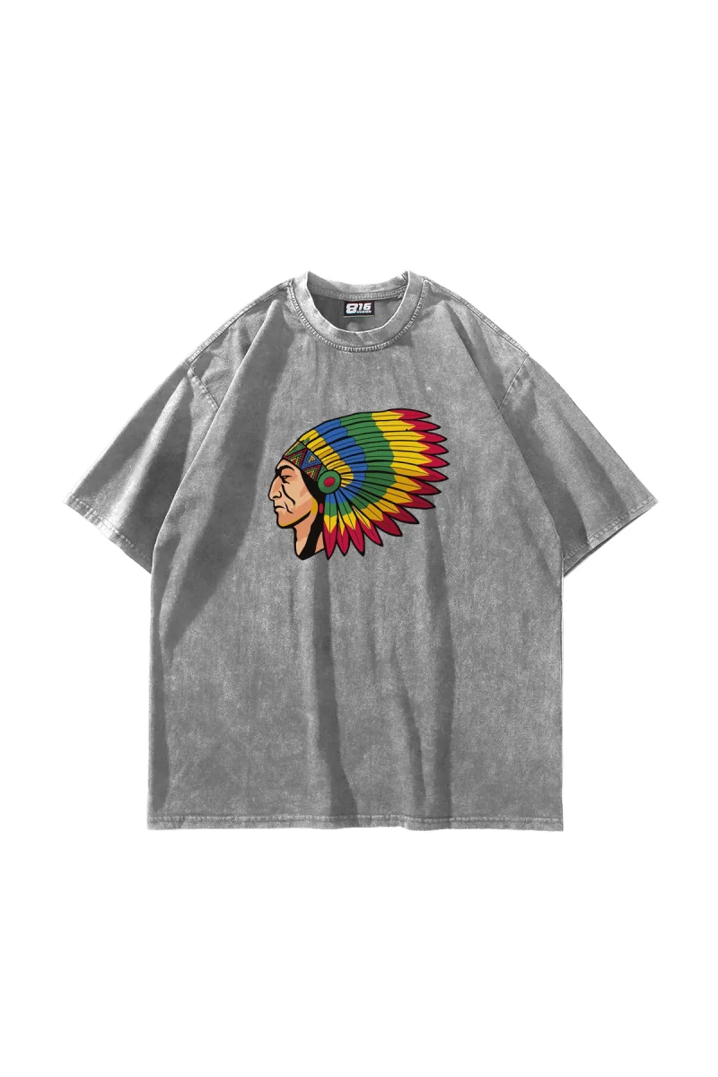 American Indian Baskılı Oversize Unisex Yıkamalı Beyaz Tshirt