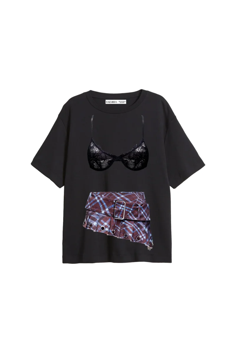 Plaid Skirt Baskılı Relaxed Fit Siyah Kadın Tshirt