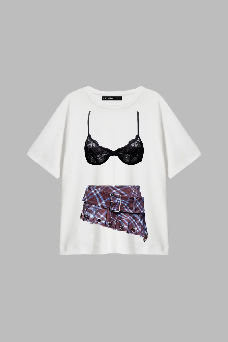 Plaid Skirt Baskılı Relaxed Fit Beyaz Kadın Tshirt