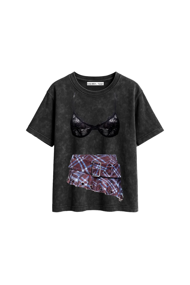 Plaid Skirt Baskılı Relaxed Fit Yıkamalı Siyah Kadın Tshirt