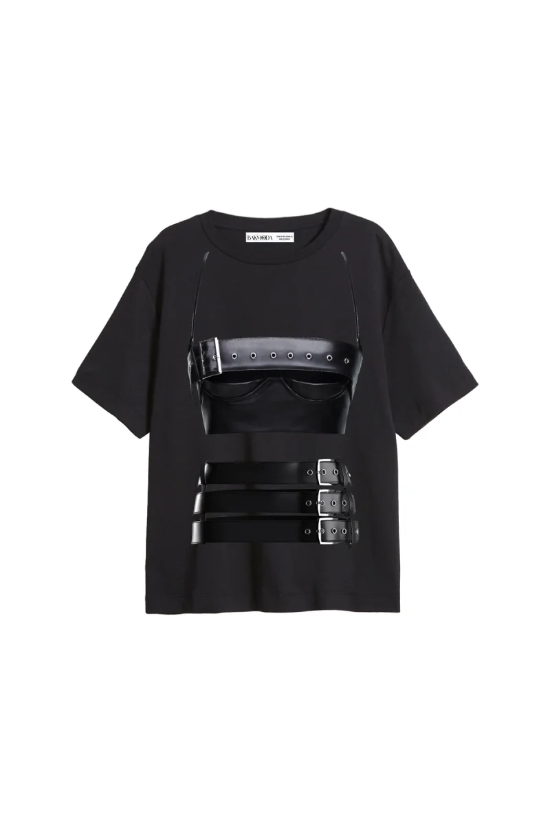 Leather Skirt Baskılı Relaxed Fit Siyah Kadın Tshirt
