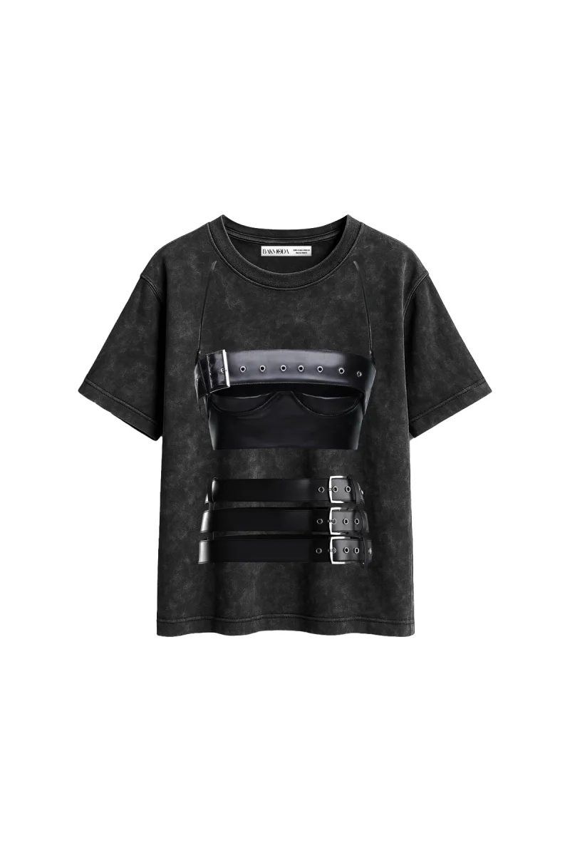 Leather Skirt Baskılı Relaxed Fit Yıkamalı Siyah Kadın Tshirt