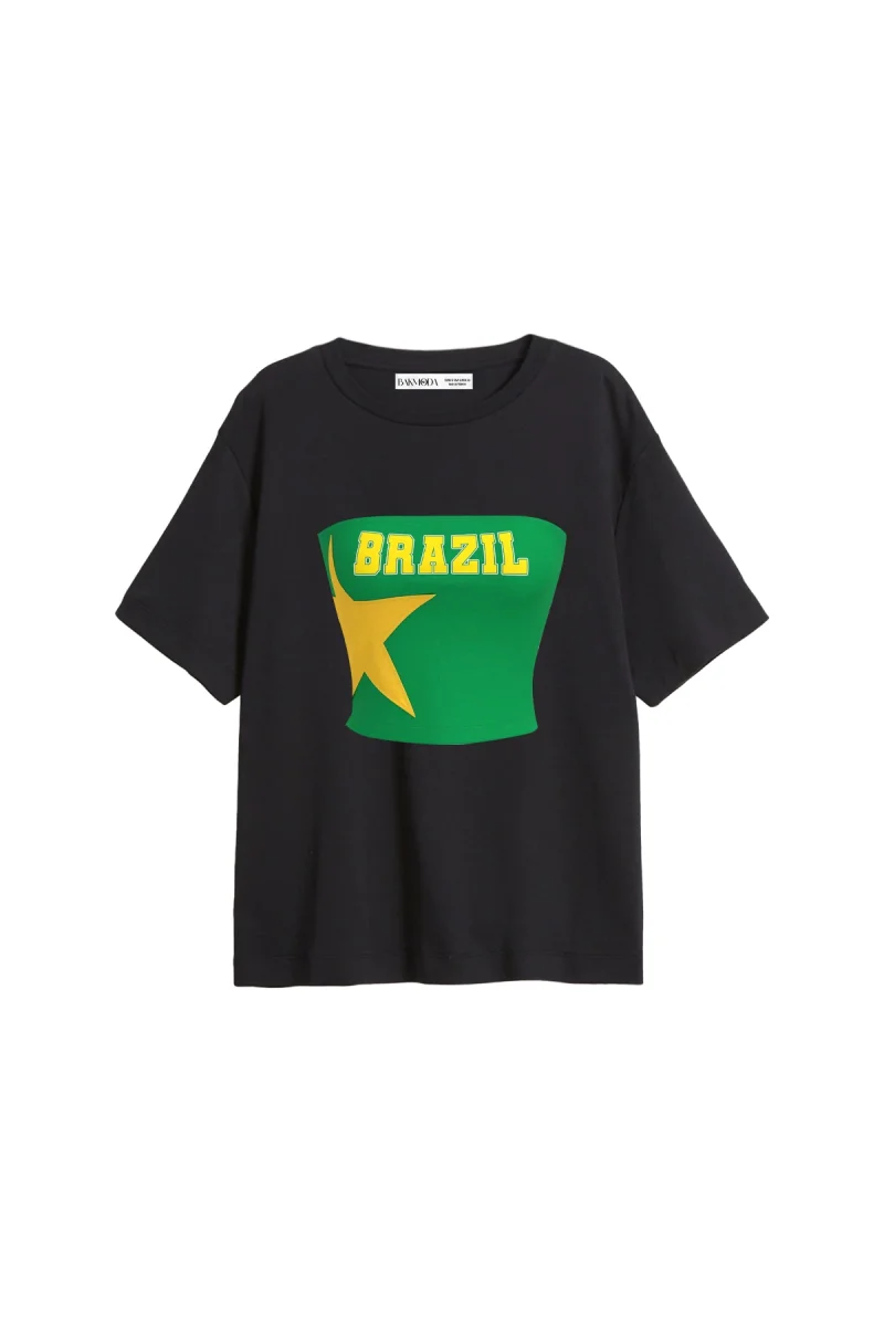 Brasil Star Baskılı Relaxed Fit Siyah Kadın Tshirt