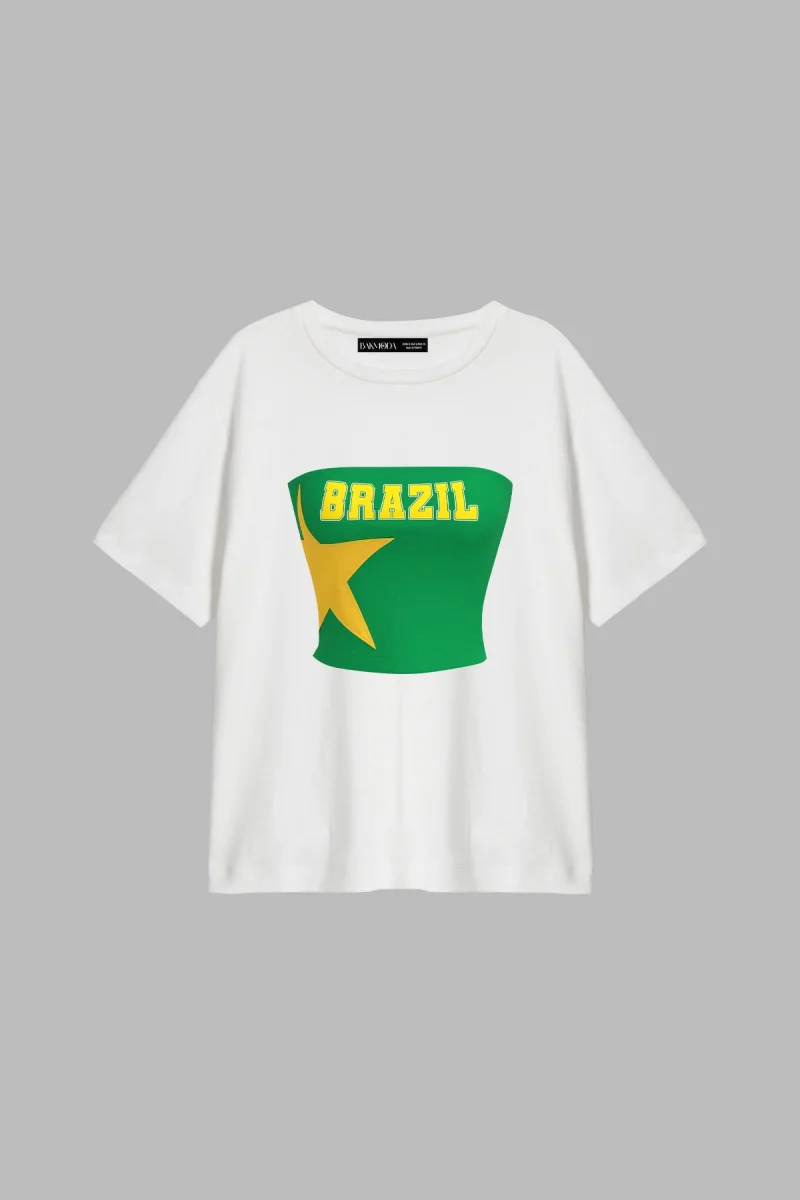Brasil Star Baskılı Relaxed Fit Beyaz Kadın Tshirt