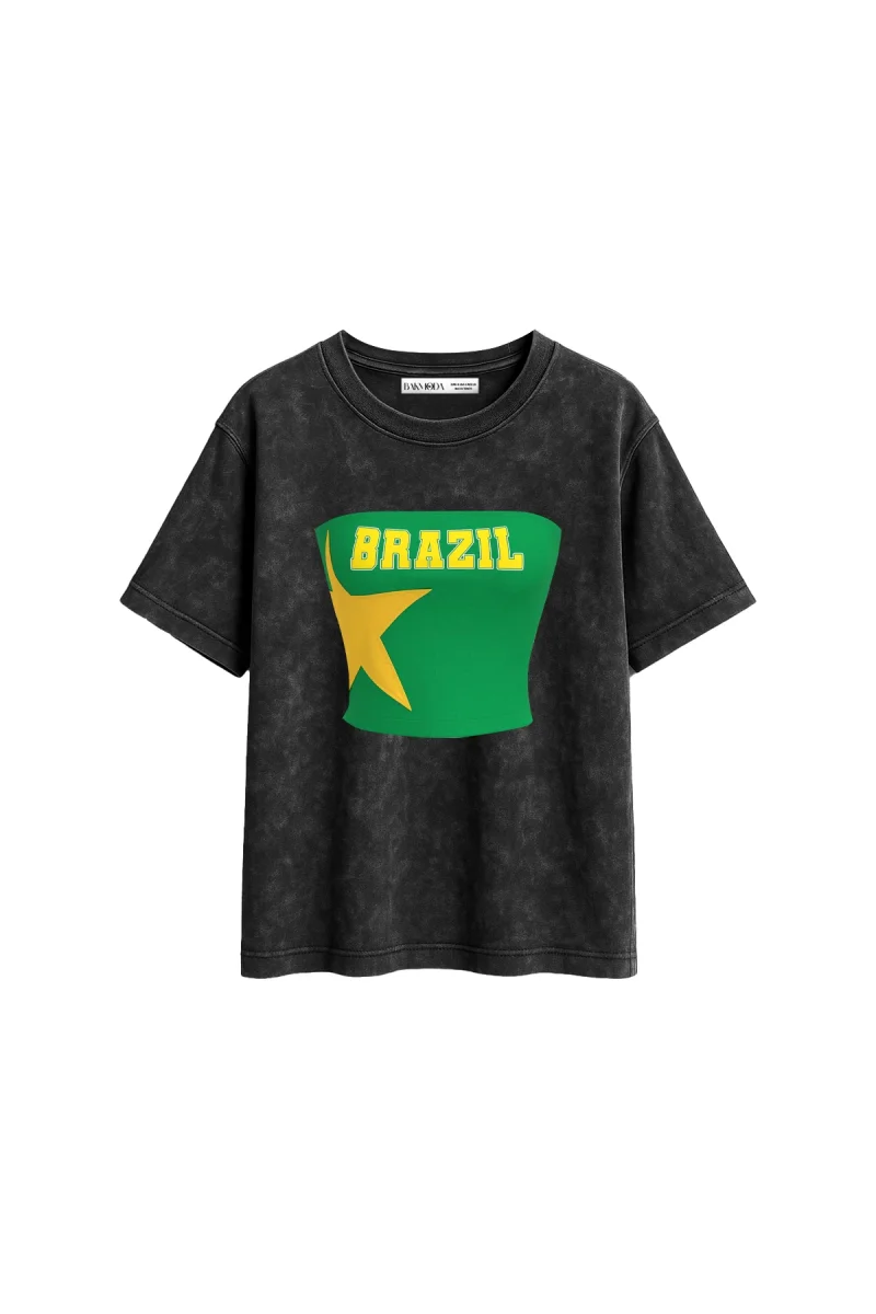 Brasil Star Baskılı Relaxed Fit Yıkamalı Siyah Kadın Tshirt