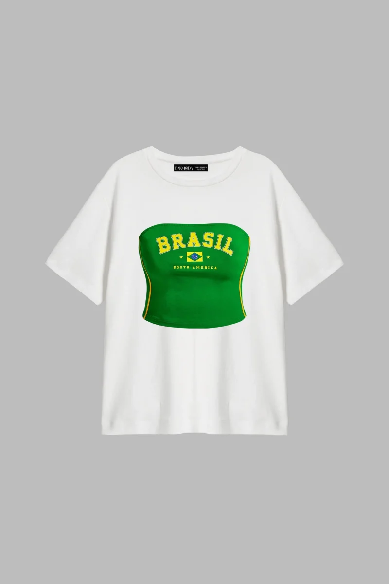 Brasil Body Baskılı Relaxed Fit Beyaz Kadın Tshirt