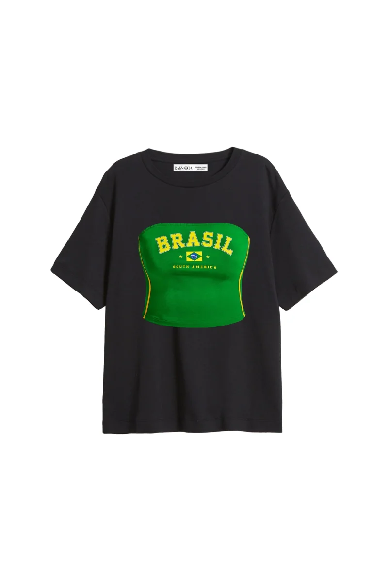 Brasil Body Baskılı Relaxed Fit Siyah Kadın Tshirt