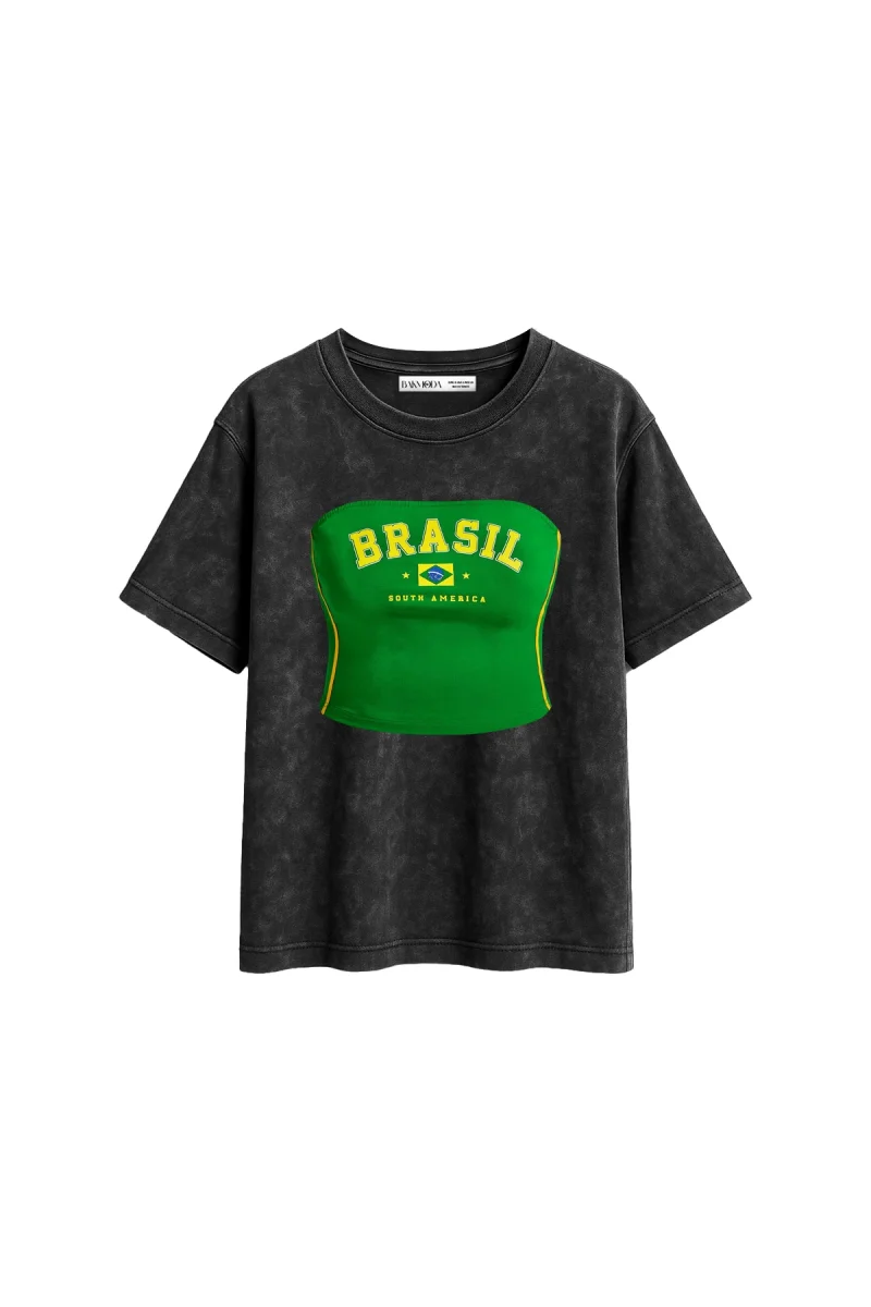 Brasil Body Baskılı Relaxed Fit Yıkamalı Siyah Kadın Tshirt