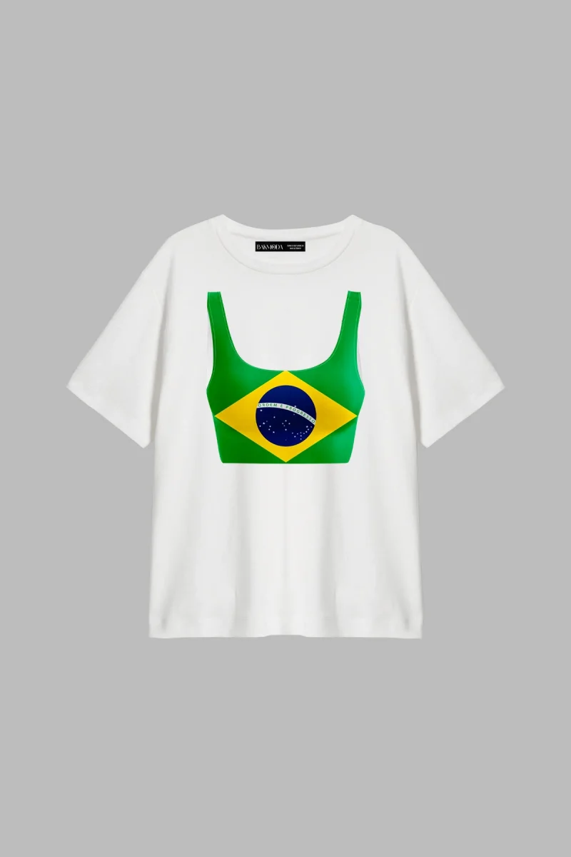 Brasil Crop Baskılı Relaxed Fit Beyaz Kadın Tshirt
