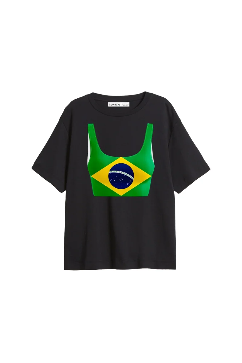 Brasil Crop Baskılı Relaxed Fit Siyah Kadın Tshirt