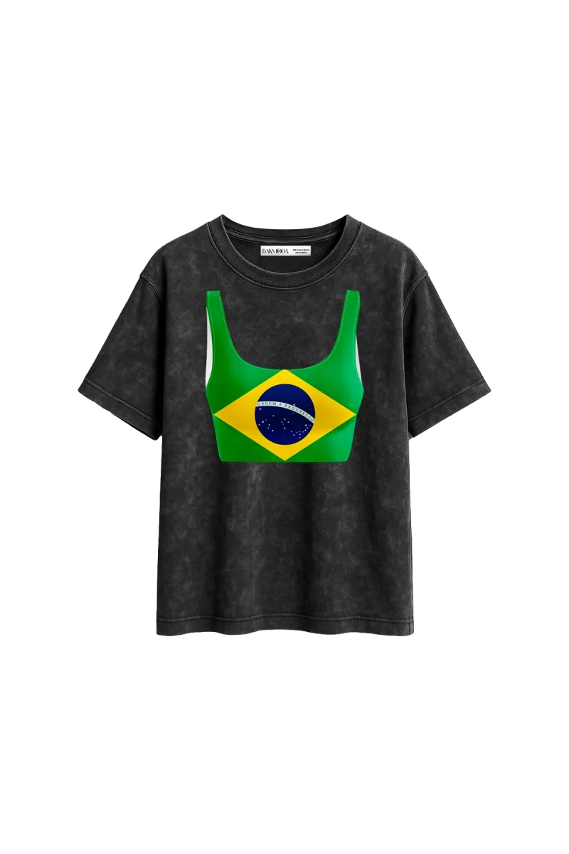 Brasil Crop Baskılı Relaxed Fit Yıkamalı Siyah Kadın Tshirt