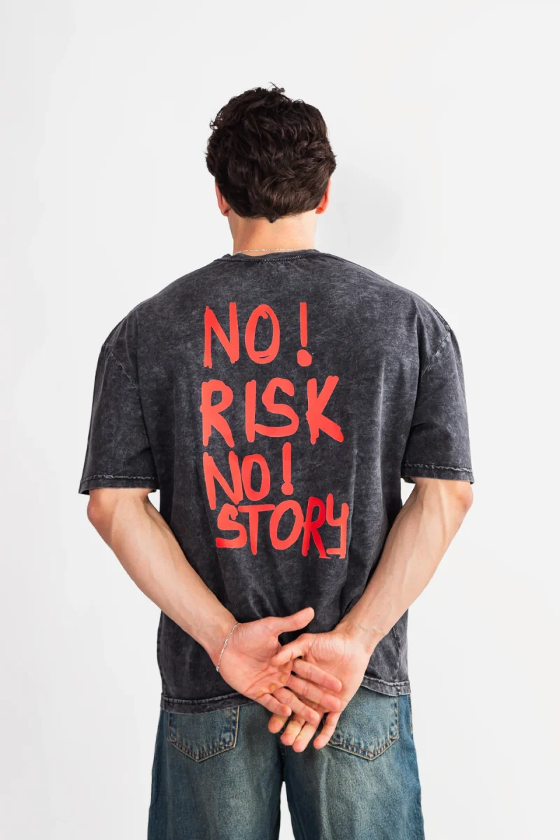 No Risk No Story Baskılı Oversize Unisex Yıkamalı Siyah Tshirt