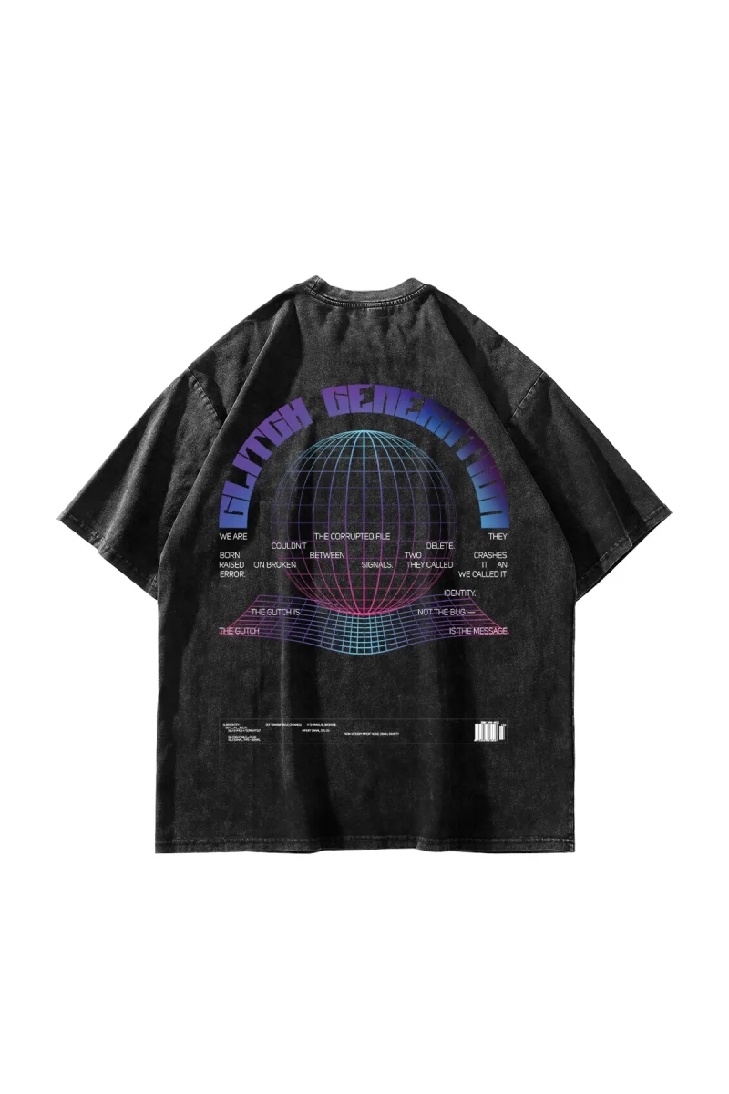 Glitch Baskılı Oversize Unisex Yıkamalı Siyah Tshirt