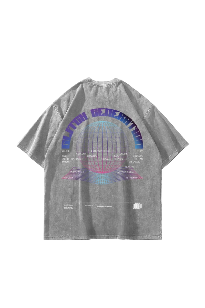 Glitch Baskılı Oversize Unisex Yıkamalı Beyaz Tshirt