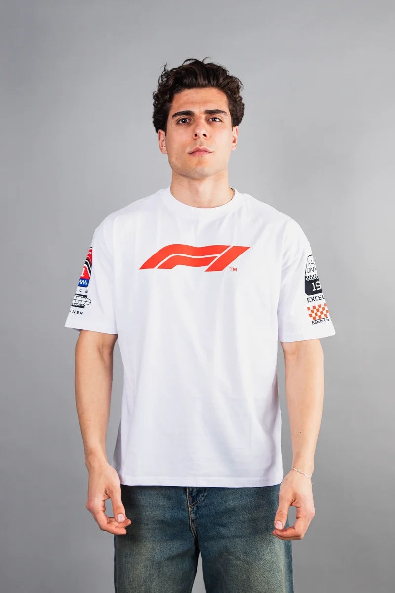 Race Baskılı Oversize Unisex Beyaz Tshirt