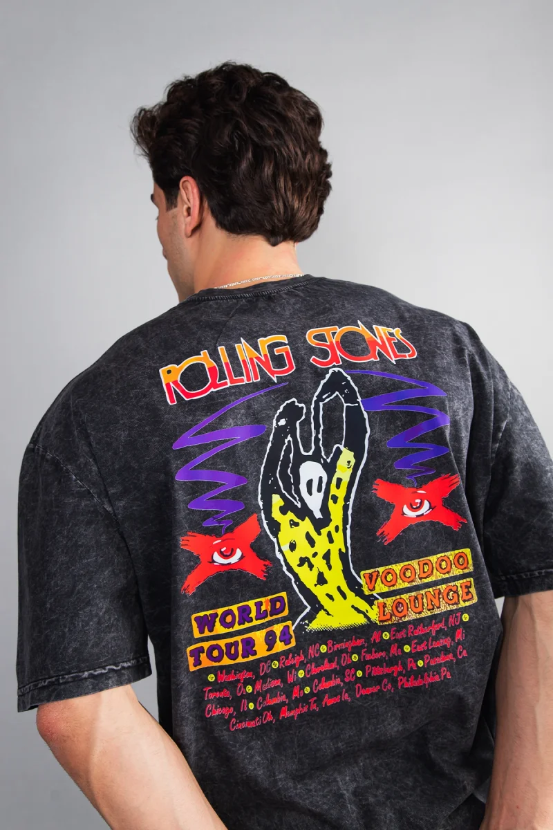 Rolling Stones Voodo Lounge Baskılı Oversize Unisex Yıkamalı Siyah Tshirt