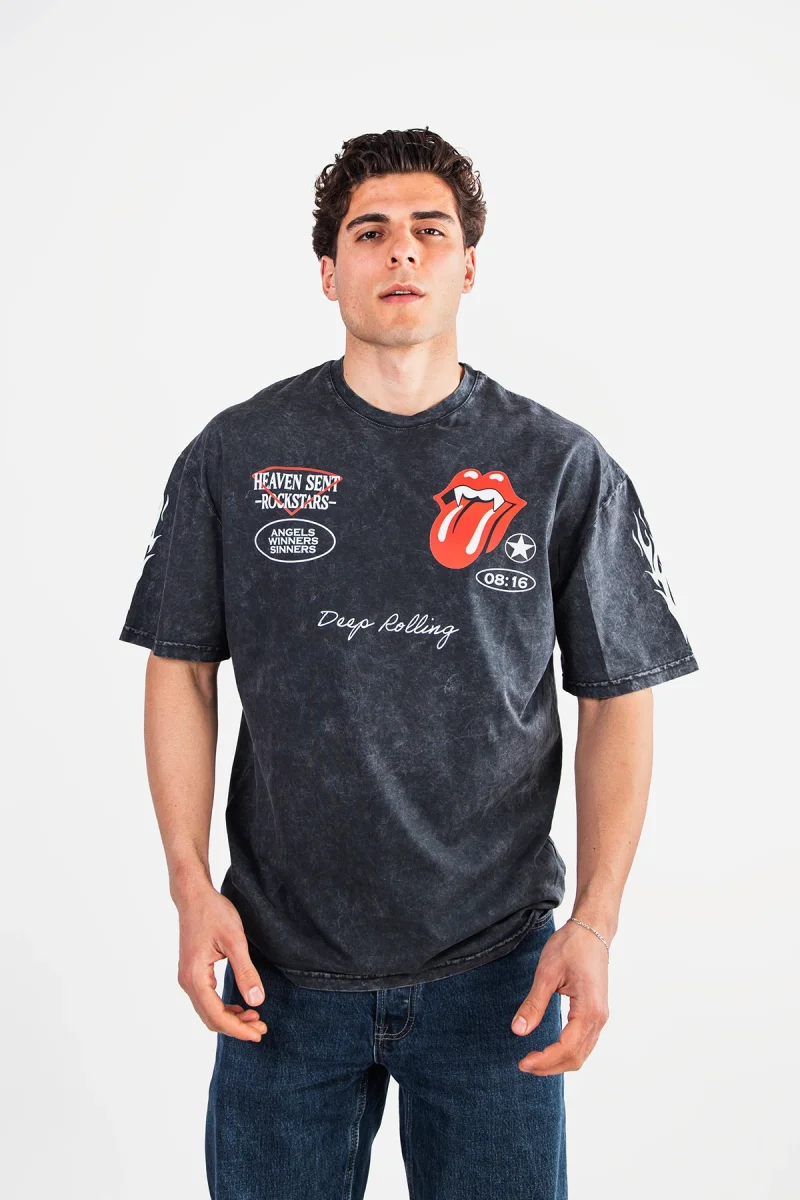 Deep Rolling Baskılı Oversize Unisex Yıkamalı Siyah Tshirt
