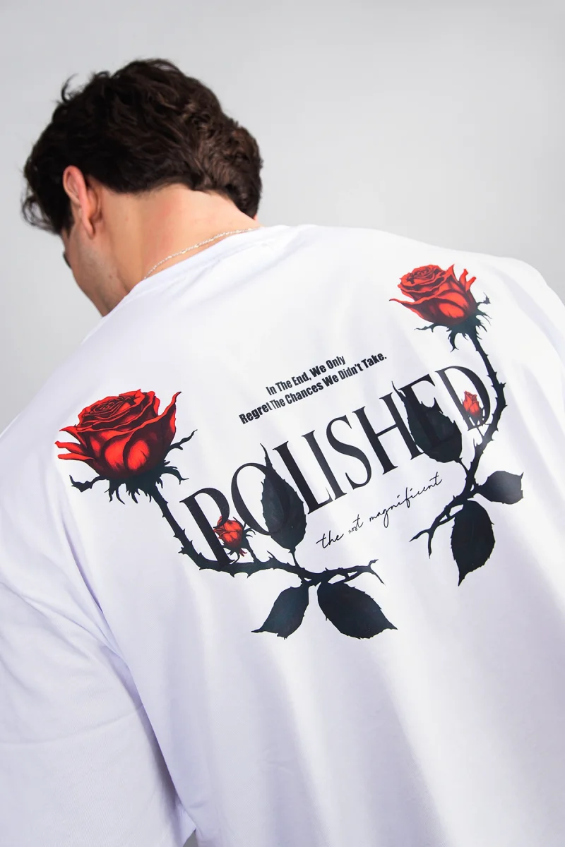 Polished Rose Baskılı Oversize Unisex Beyaz Tshirt