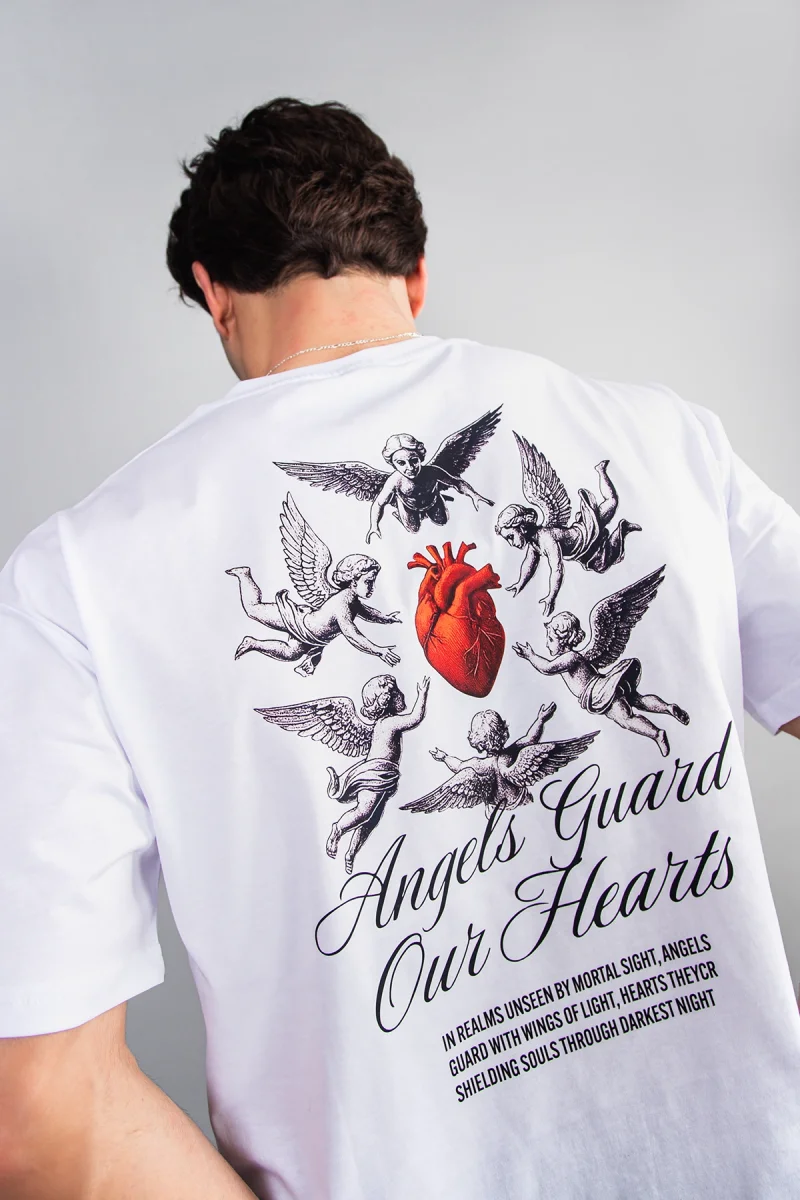 Angels Guard Our Hearts Baskılı Oversize Unisex Beyaz Tshirt
