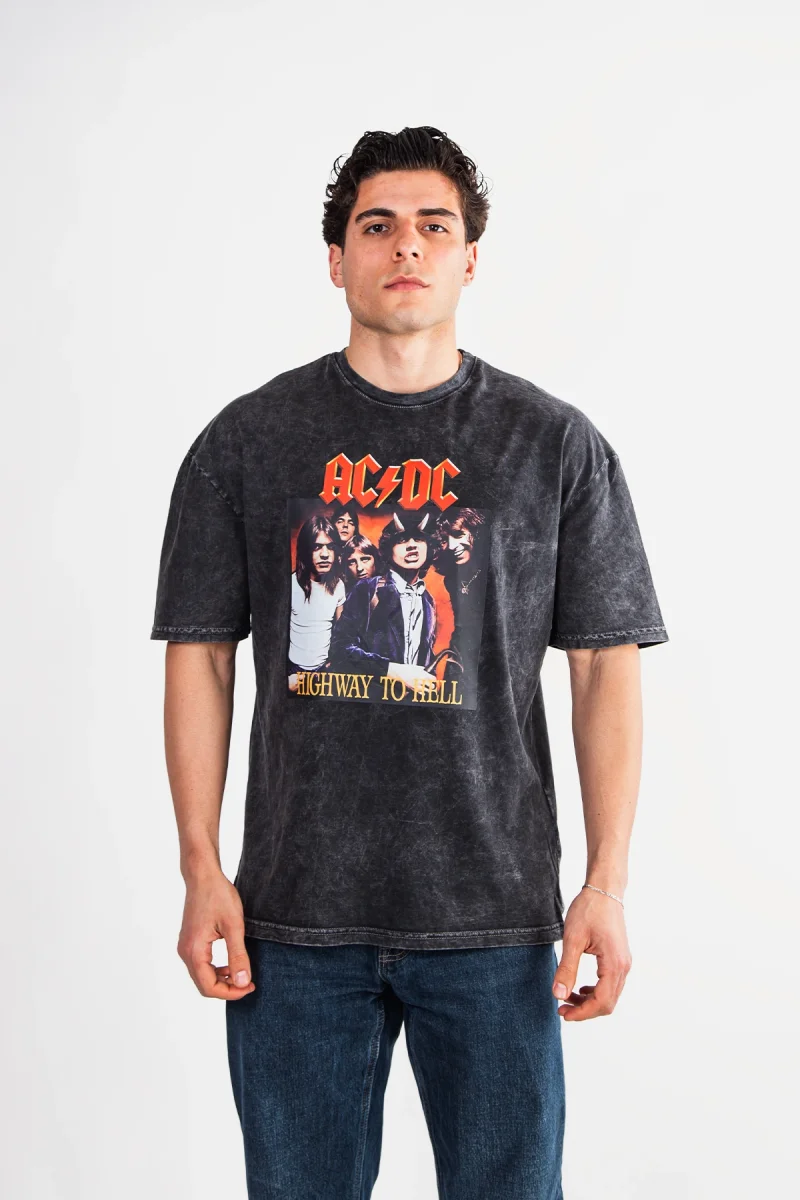AC/DC Baskılı Oversize Unisex Yıkamalı Siyah Tshirt
