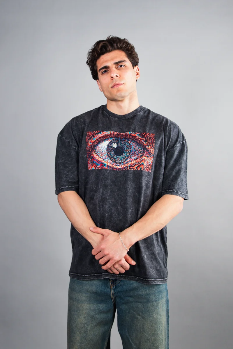 Eye Hallucination Baskılı Oversize Unisex Yıkamalı Siyah Tshirt
