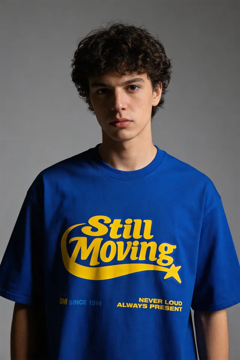 Still Moving Baskılı Oversize Unisex Mavi Tshirt