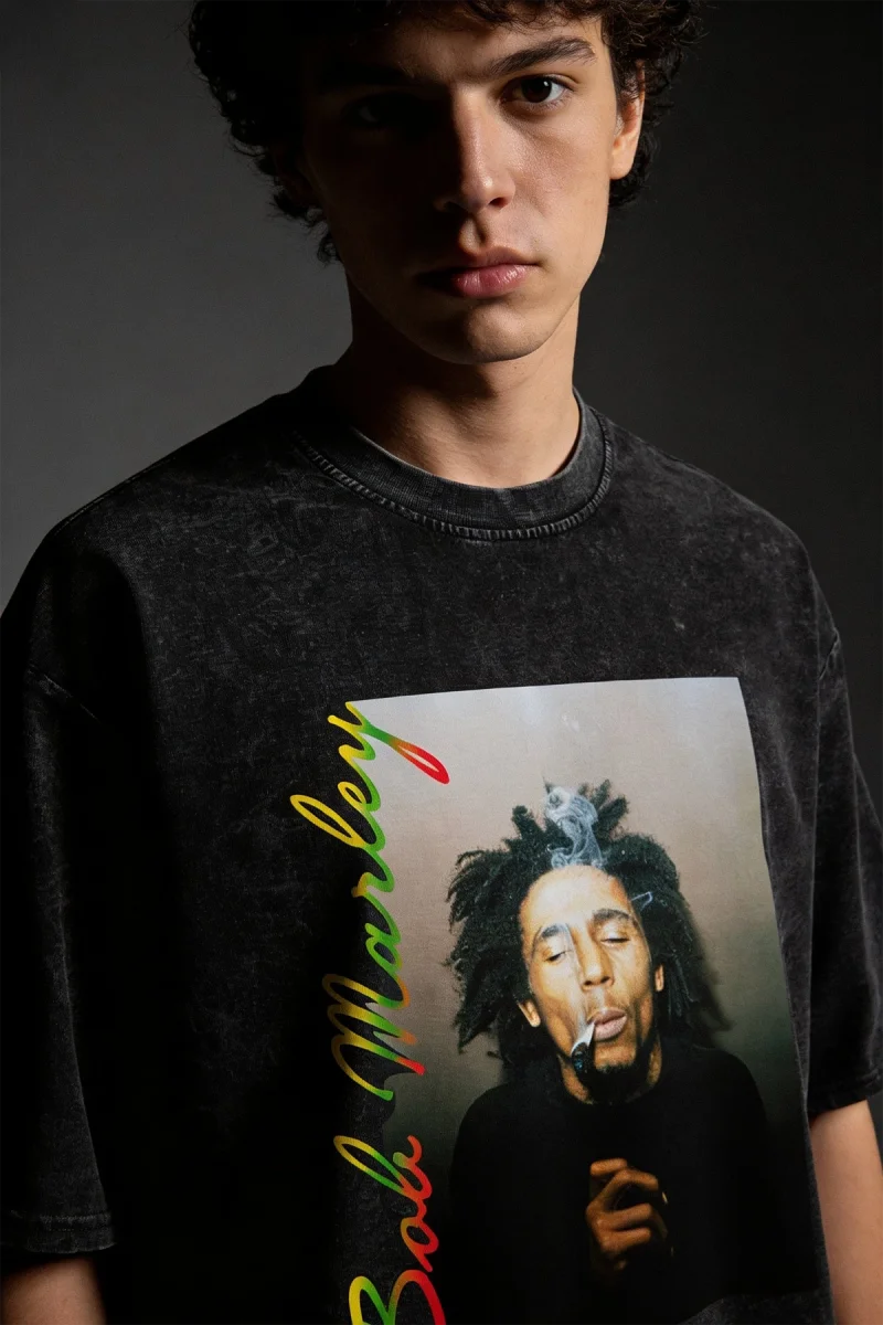 Bob Marley Baskılı Oversize Unisex Yıkamalı Siyah Tshirt