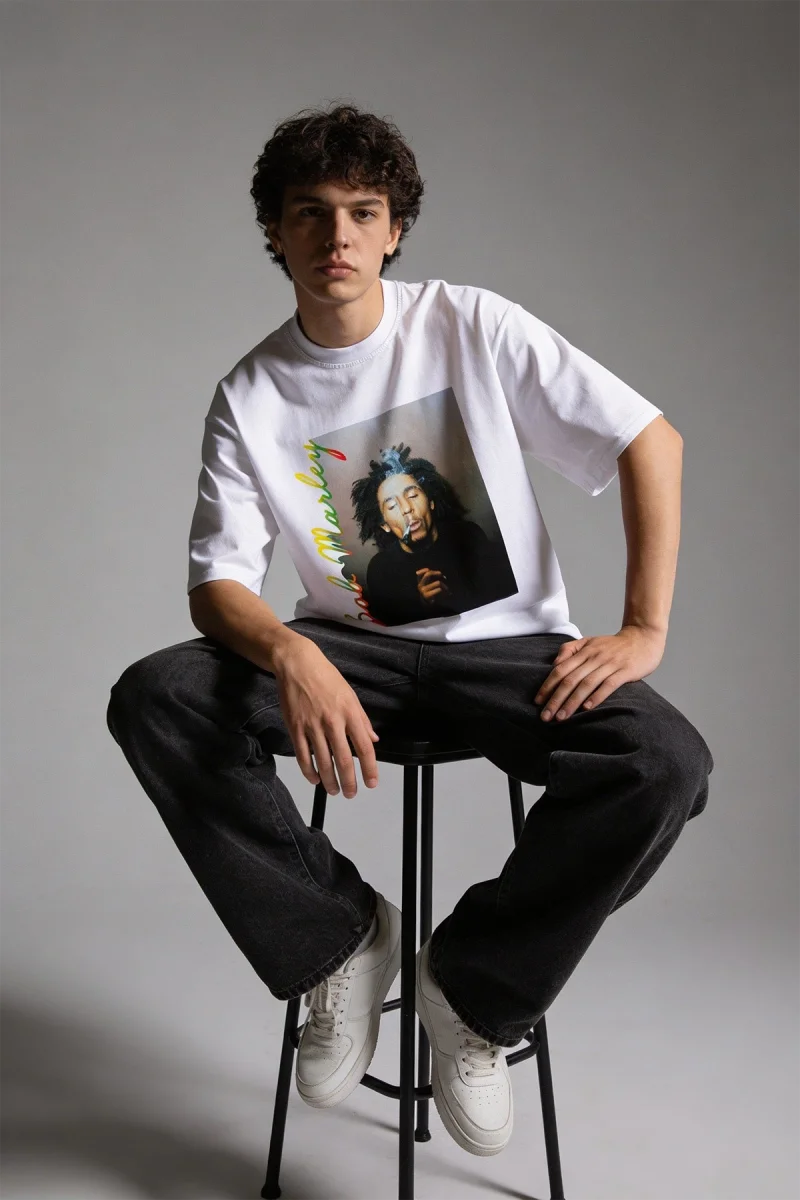 Bob Marley Baskılı Oversize Unisex Beyaz Tshirt
