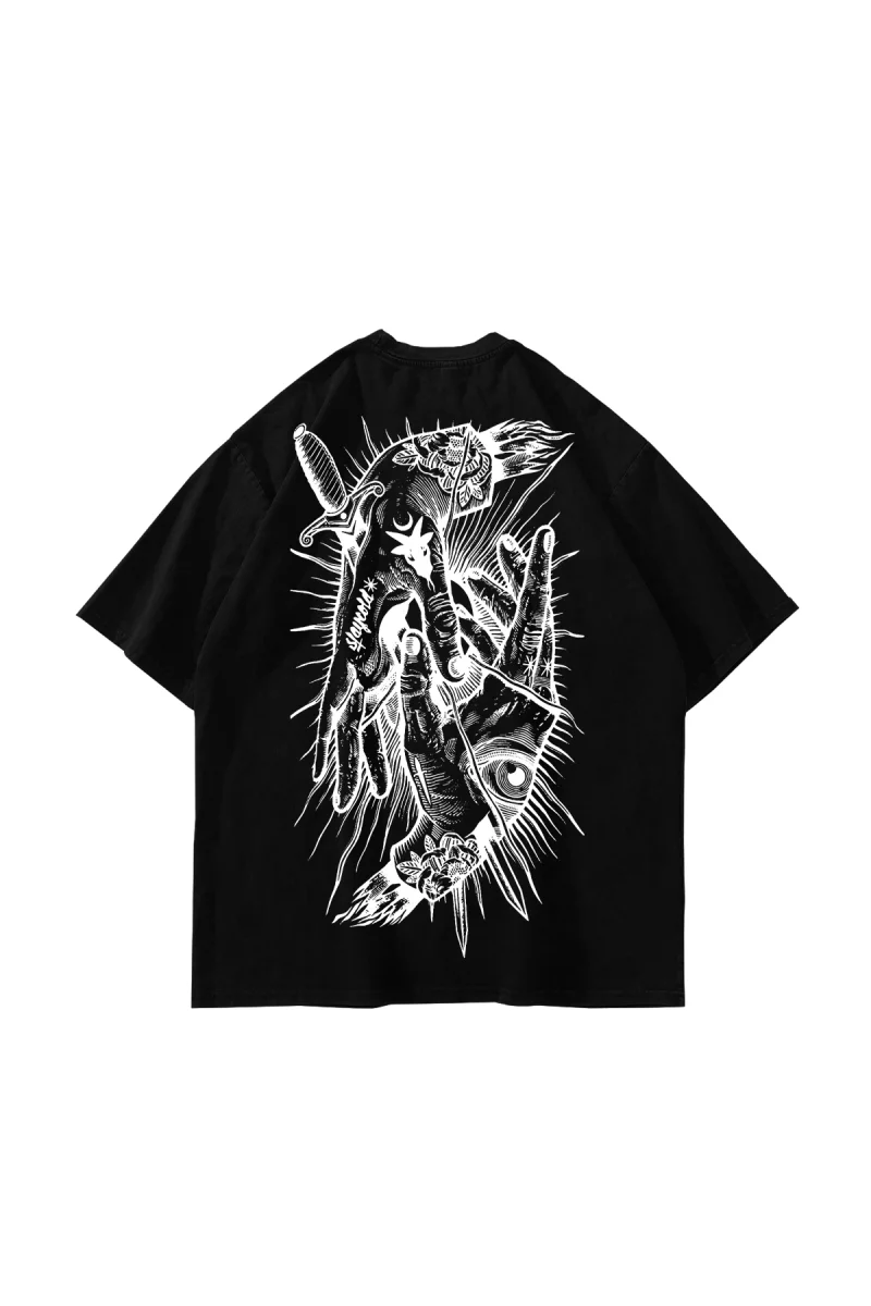 Tattoo Hands Baskılı Oversize Unisex Siyah Tshirt