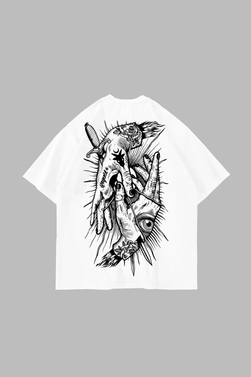 Tattoo Hands Baskılı Oversize Unisex Beyaz Tshirt