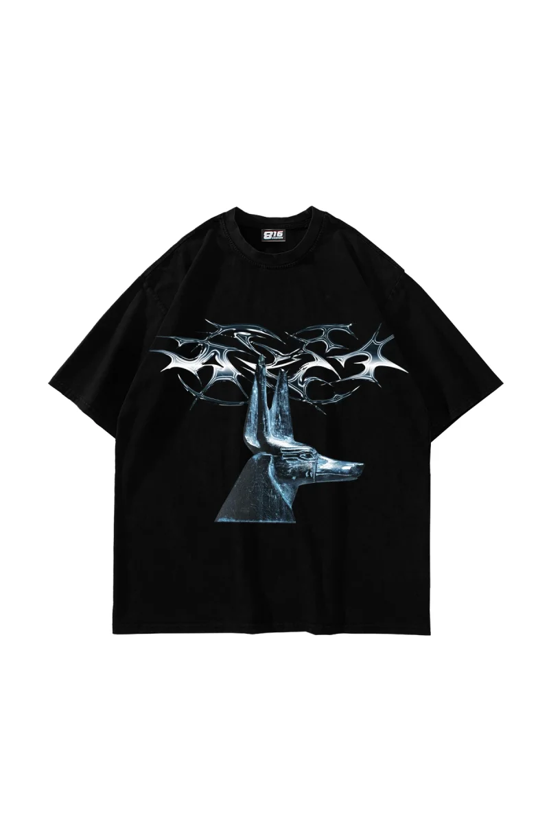 Holographic Baskılı Oversize Unisex Siyah Tshirt