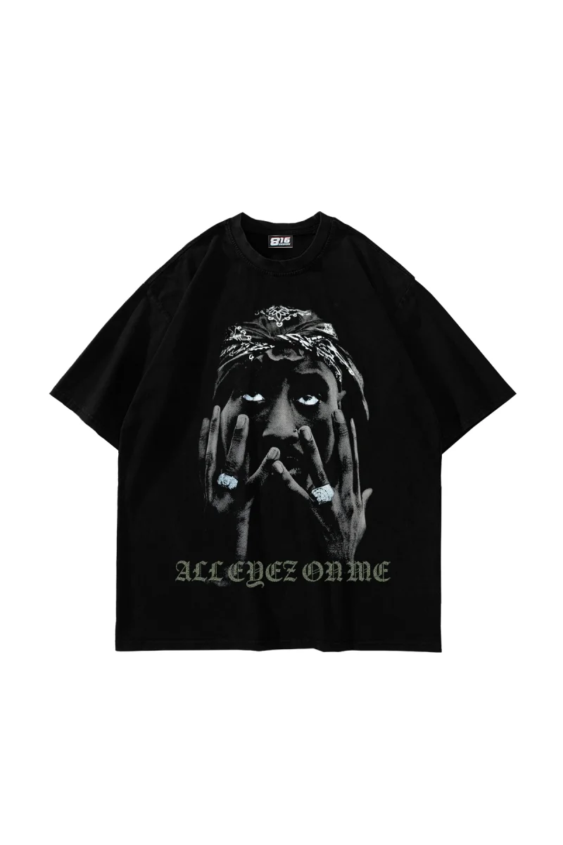 All Eyez On Me v2 Baskılı Oversize Unisex Siyah Tshirt