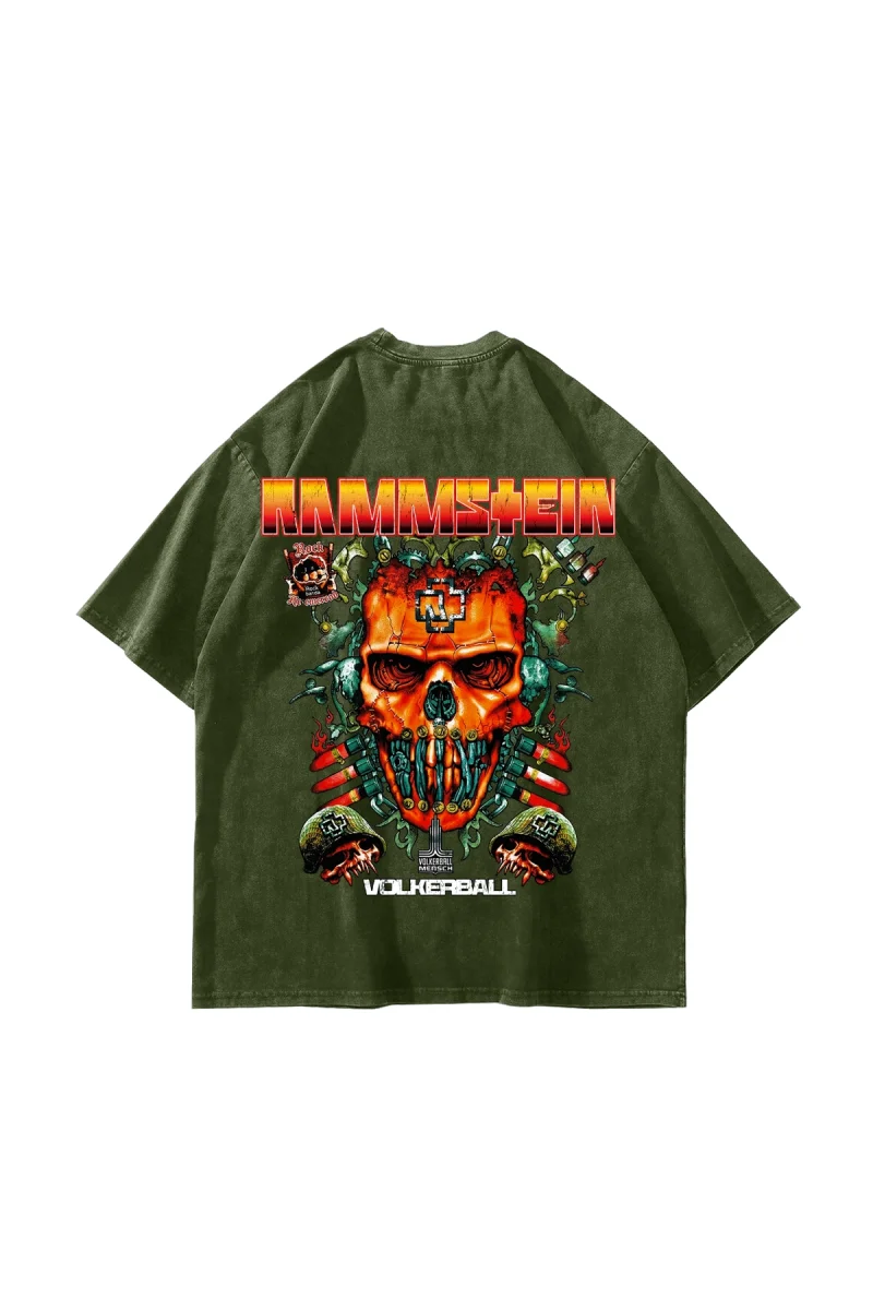 Rammstein Völkerball Baskılı Oversize Unisex Yıkamalı Yeşil Tshirt