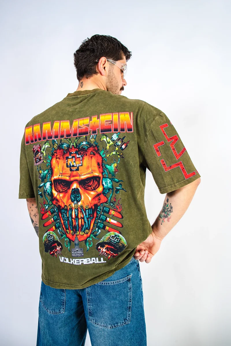 Rammstein Völkerball Baskılı Oversize Unisex Yıkamalı Yeşil Tshirt