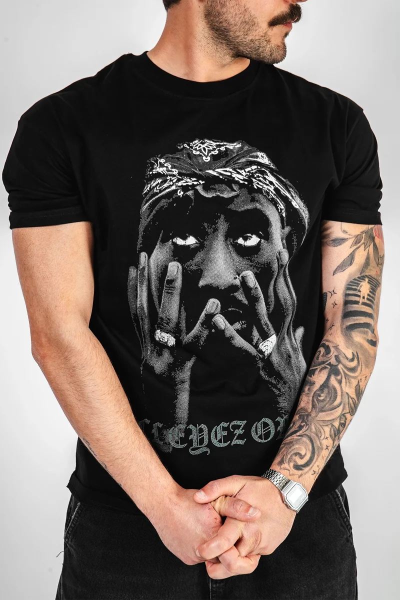 All Eyez On Me v2 Baskılı Oversize Unisex Siyah Tshirt