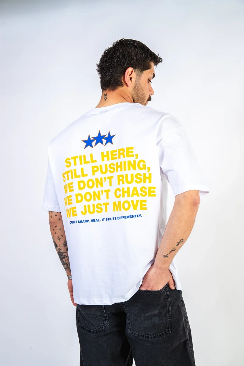 Still Moving Baskılı Oversize Unisex Beyaz Tshirt