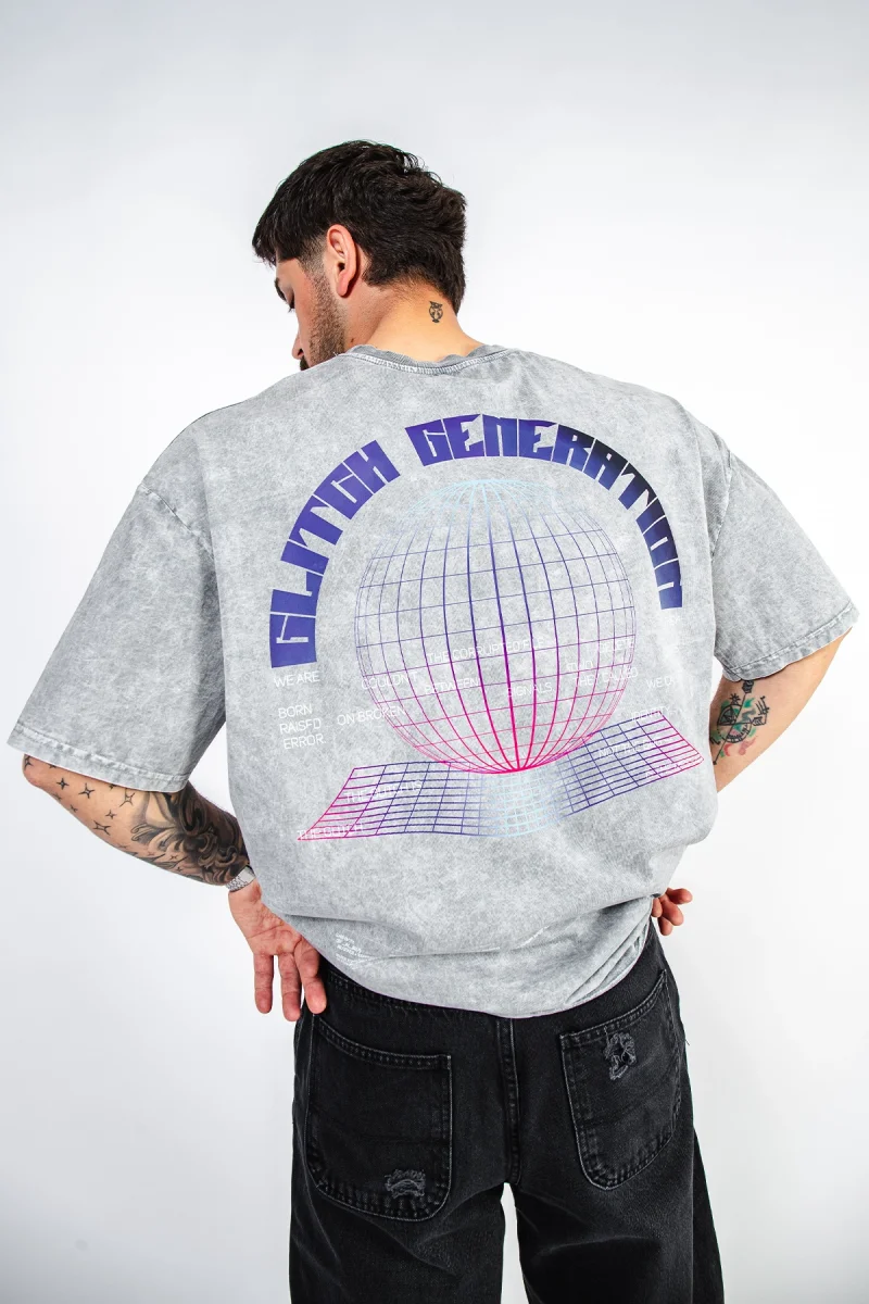 Glitch Baskılı Oversize Unisex Yıkamalı Beyaz Tshirt
