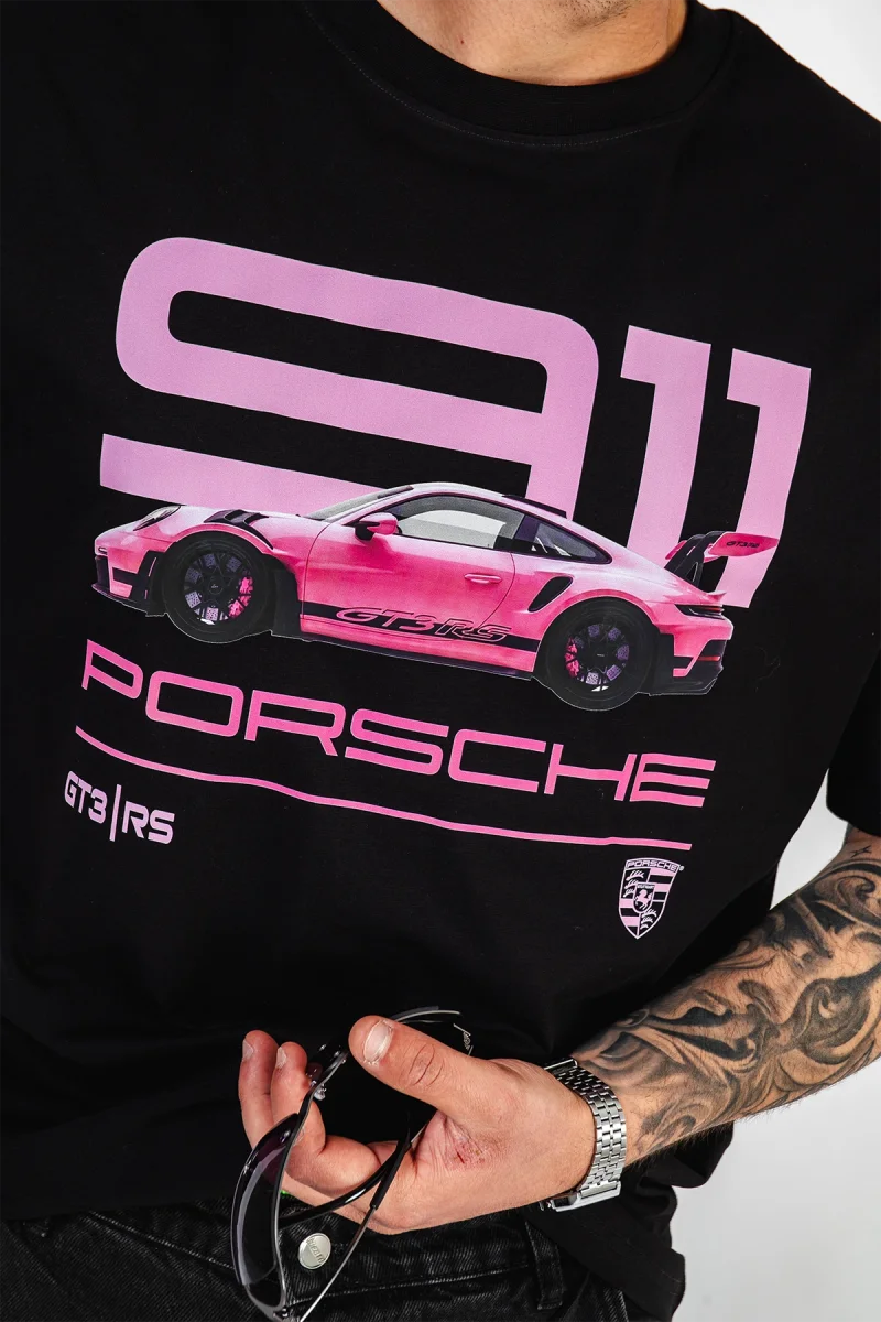 911 Pink Baskılı Oversize Unisex Siyah Tshirt