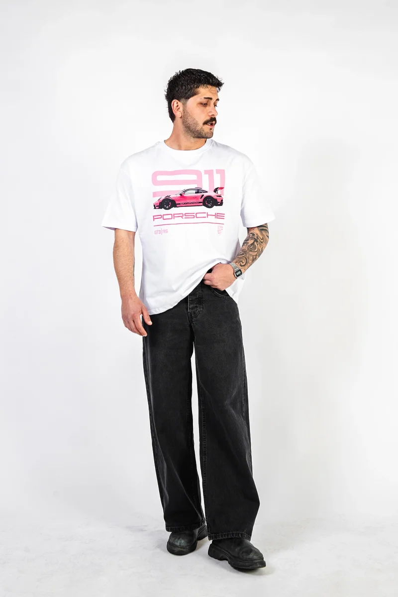911 Pink Baskılı Oversize Unisex Beyaz Tshirt