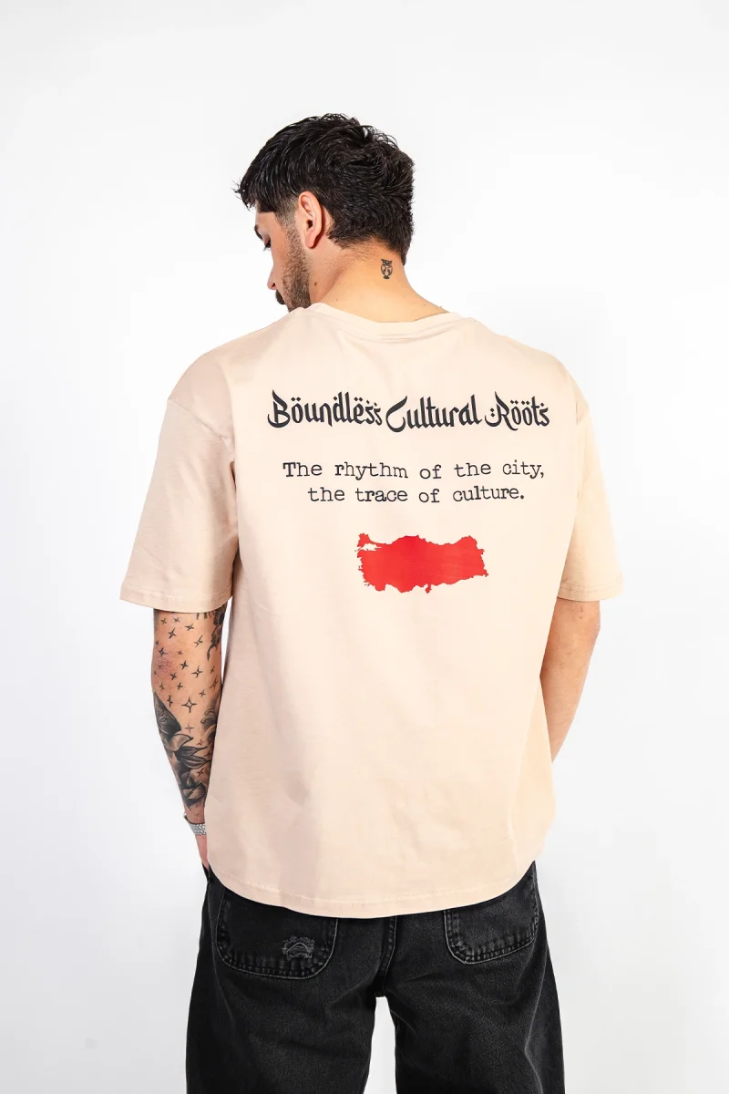 Cultural Roots Baskılı Oversize Unisex Bej Tshirt