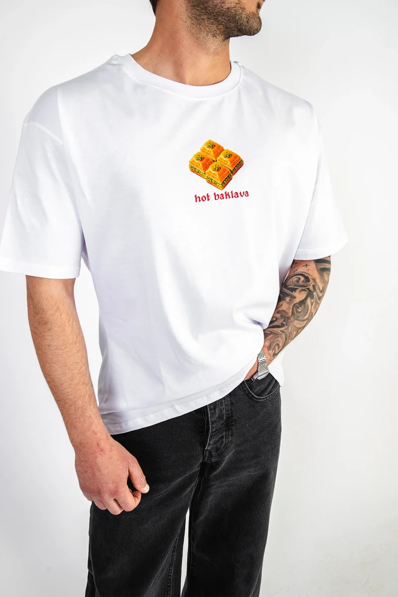 Hot Baklava Baskılı Oversize Unisex Beyaz Tshirt