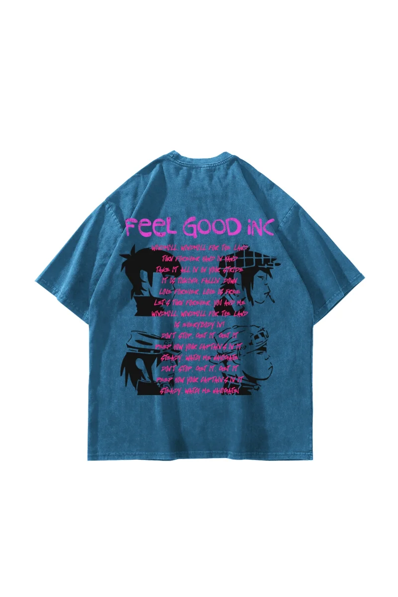 Feel Good Inc Baskılı Oversize Unisex Yıkamalı Mavi Tshirt