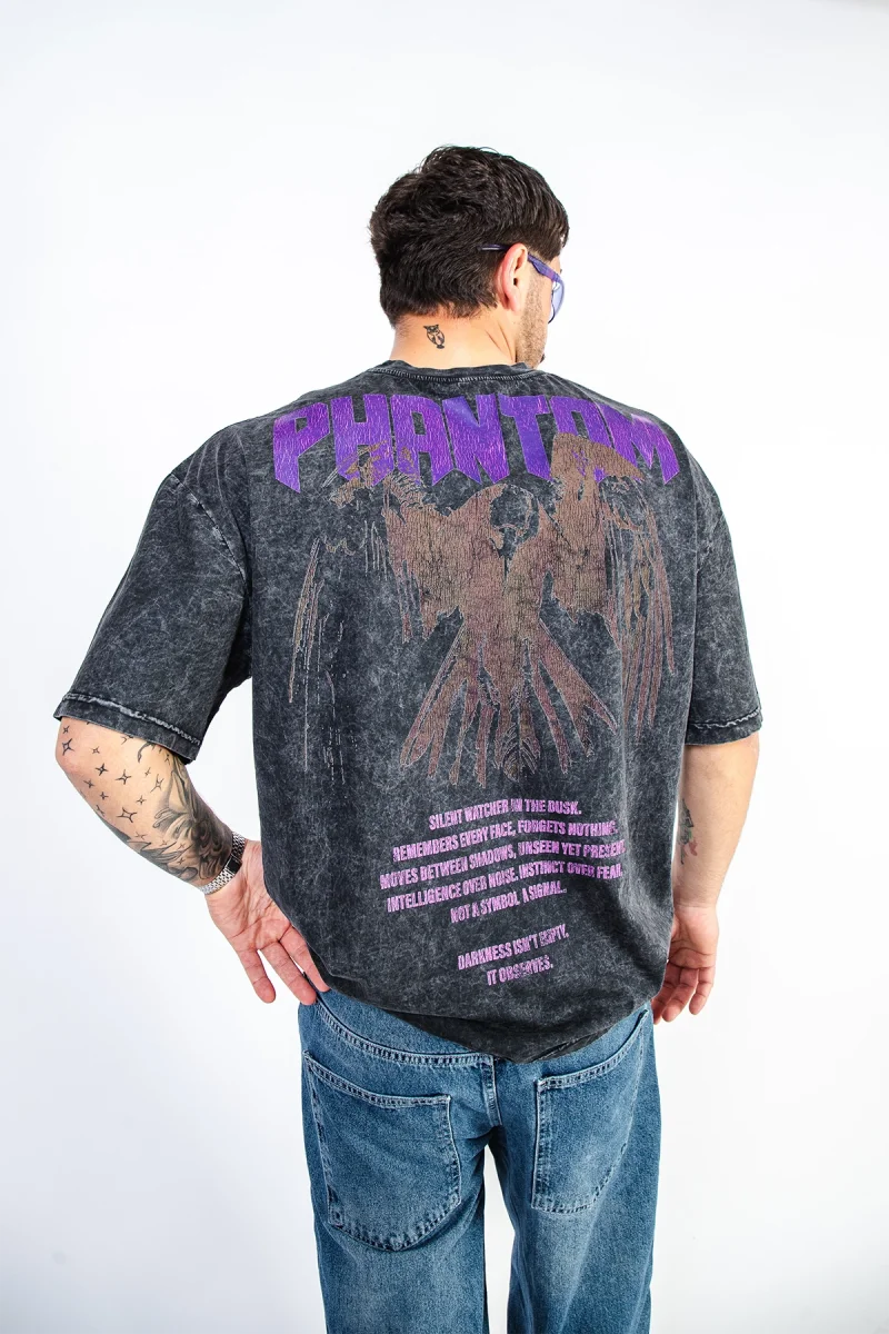 Phantom Crow Baskılı Oversize Unisex Yıkamalı Siyah Tshirt