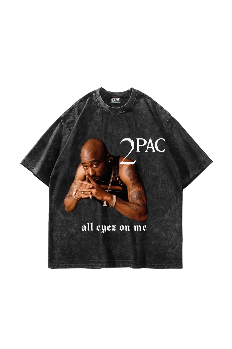 2pac Baskılı Oversize Unisex Yıkamalı Siyah Tshirt