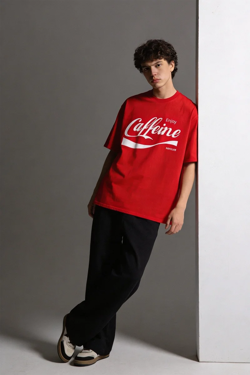 Caffeine Baskılı Oversize Unisex Kırmızı Tshirt